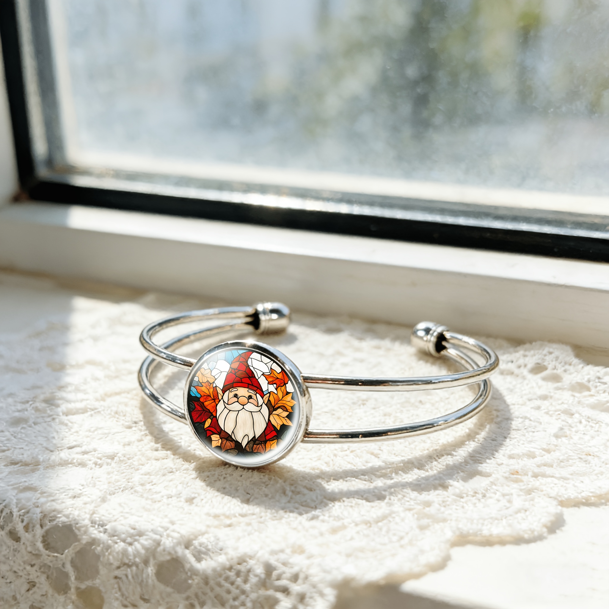 Adjustable Open Bangle with Round Time Gemstone Inlaid Design